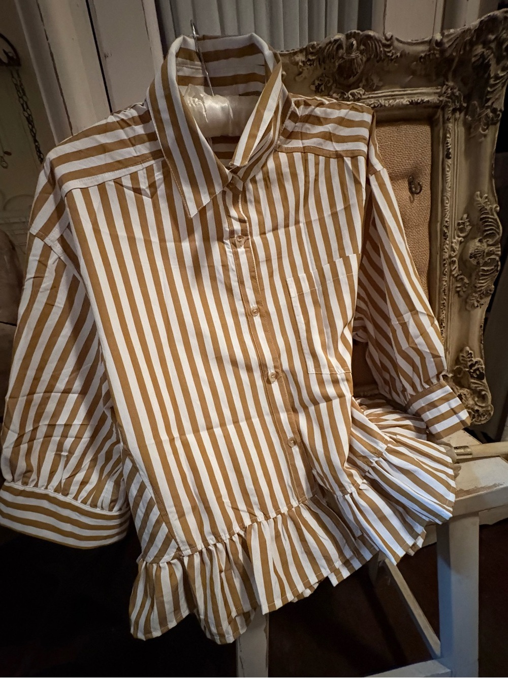 Girls' Button-Down Ruffle Hem Shirt - White & Mustard